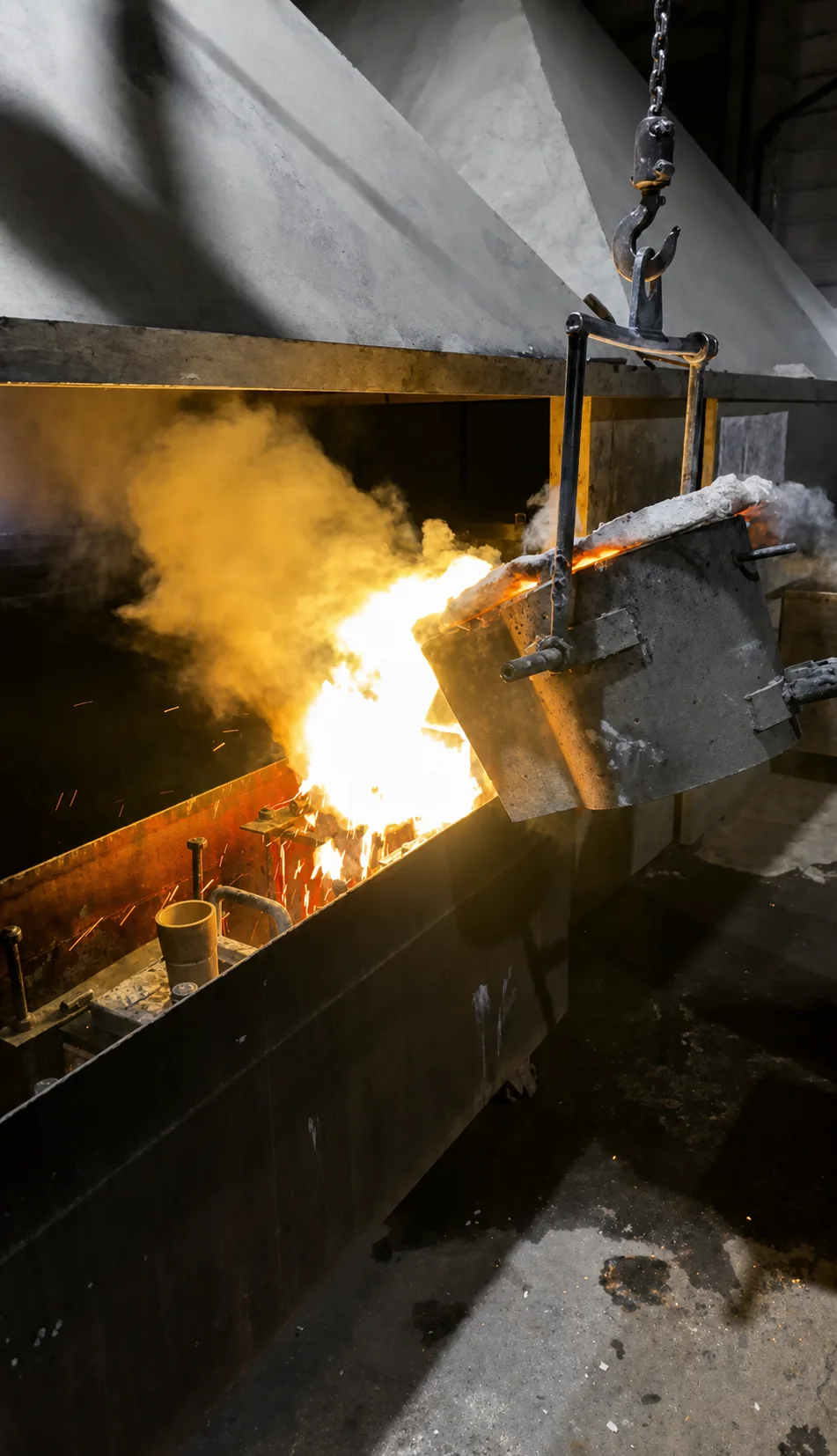 Molten metal pouring during production casting at a foundry in Thailand