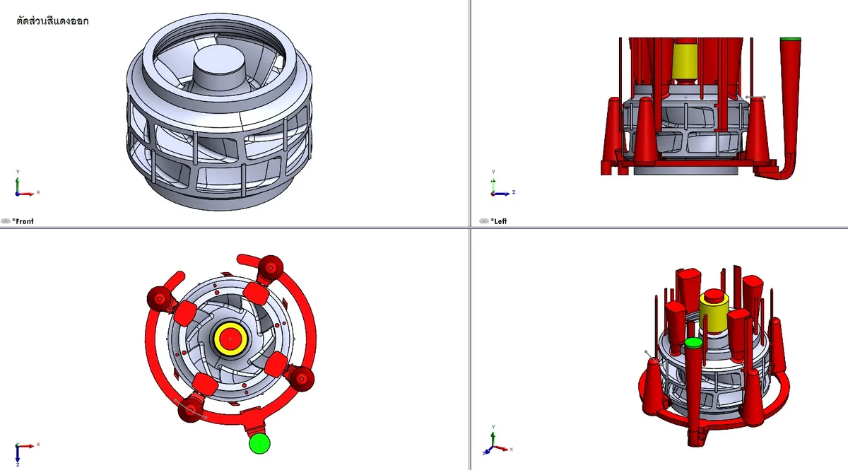 Digital casting model of the component with the proposed feeding and gating system shown in red
