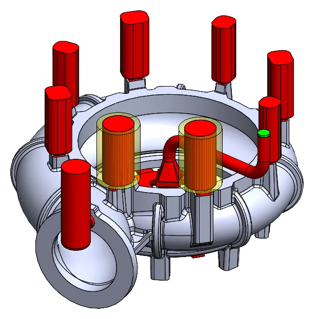CAD model of the component with red risers, runner bar and orange core prints of the casting system