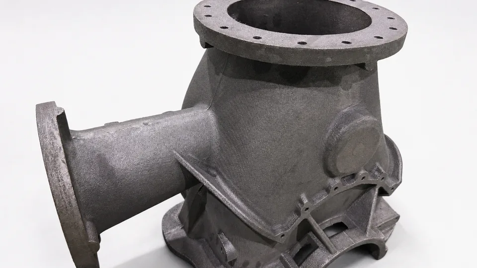 Cast iron pump housing with flanged inlet and complex internal volute