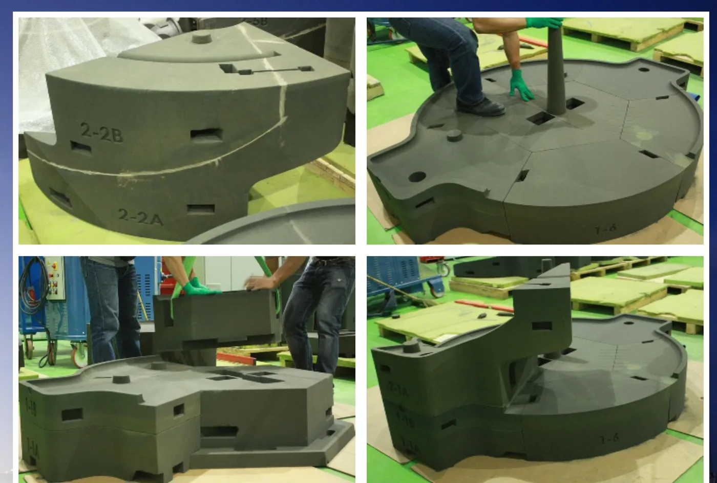 Numbered 3D sand printed mould sections being assembled for the marine propeller casting.