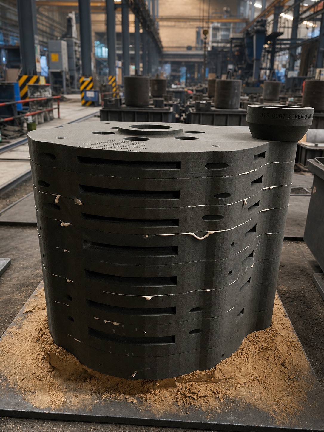 Fully assembled 3D-printed sand mold block on the foundry floor with visible print layer lines and vent slots