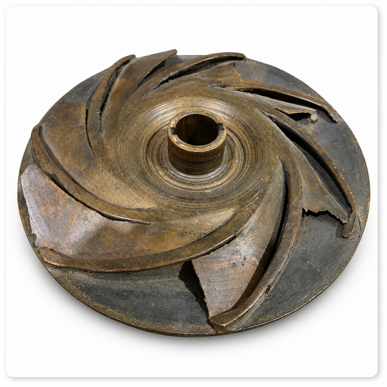 Worn and damaged impeller used as the reference component for a replacement casting project