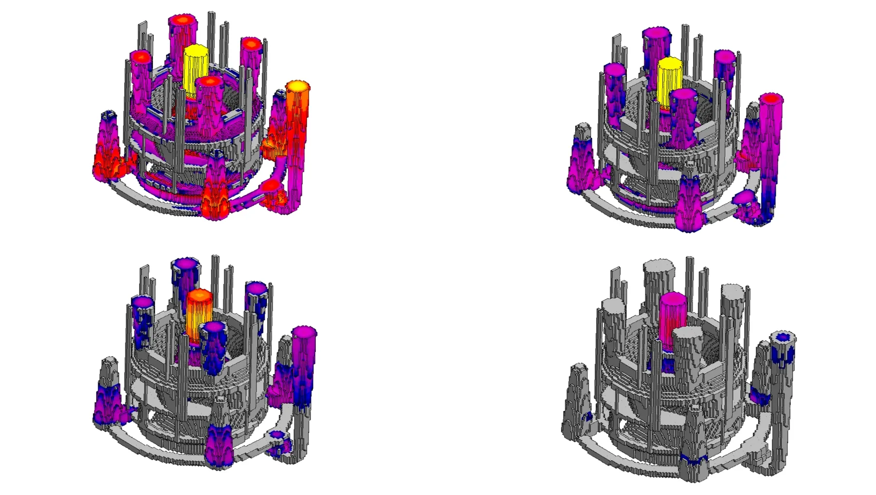 FC300 impeller casting simulation — later filling-sequence view of the rigged assembly