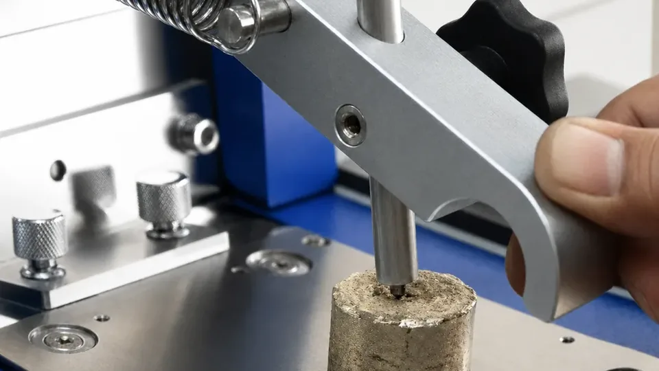 Metal sample being prepared for spectrometer composition analysis