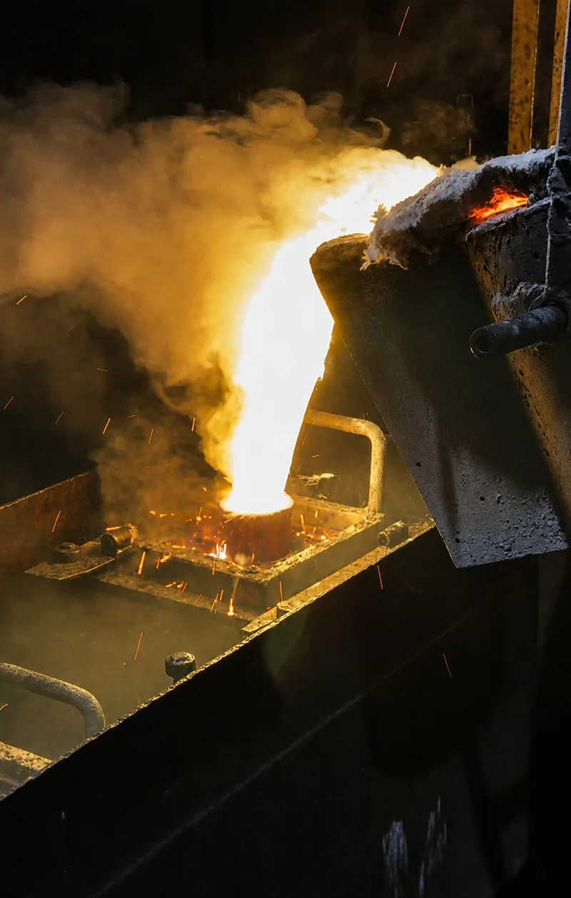Close-up of molten metal being poured into a prepared casting mold