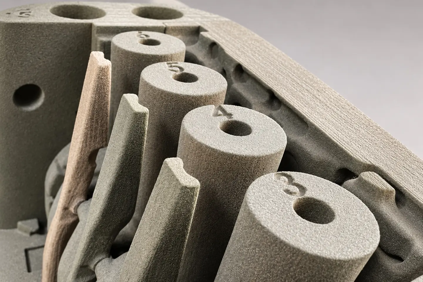 Close view of sand core elements and locating features in a mould package