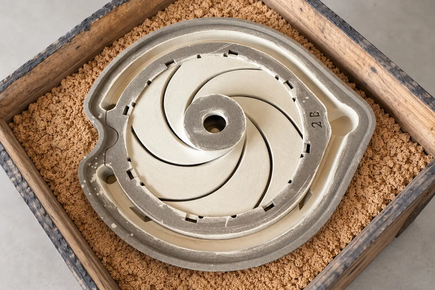 Spiral-shaped internal geometry in a sand mould assembly