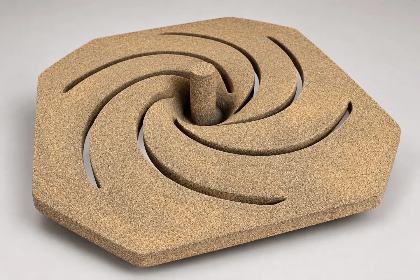 Sand core with curved passages arranged around a central opening