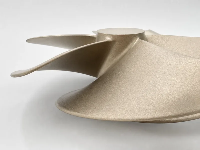 Close-up of curved open impeller blades