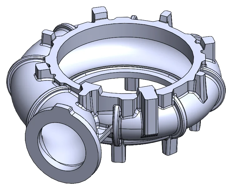 CAD casting model of the new component showing ring body, ribs and inlet branch