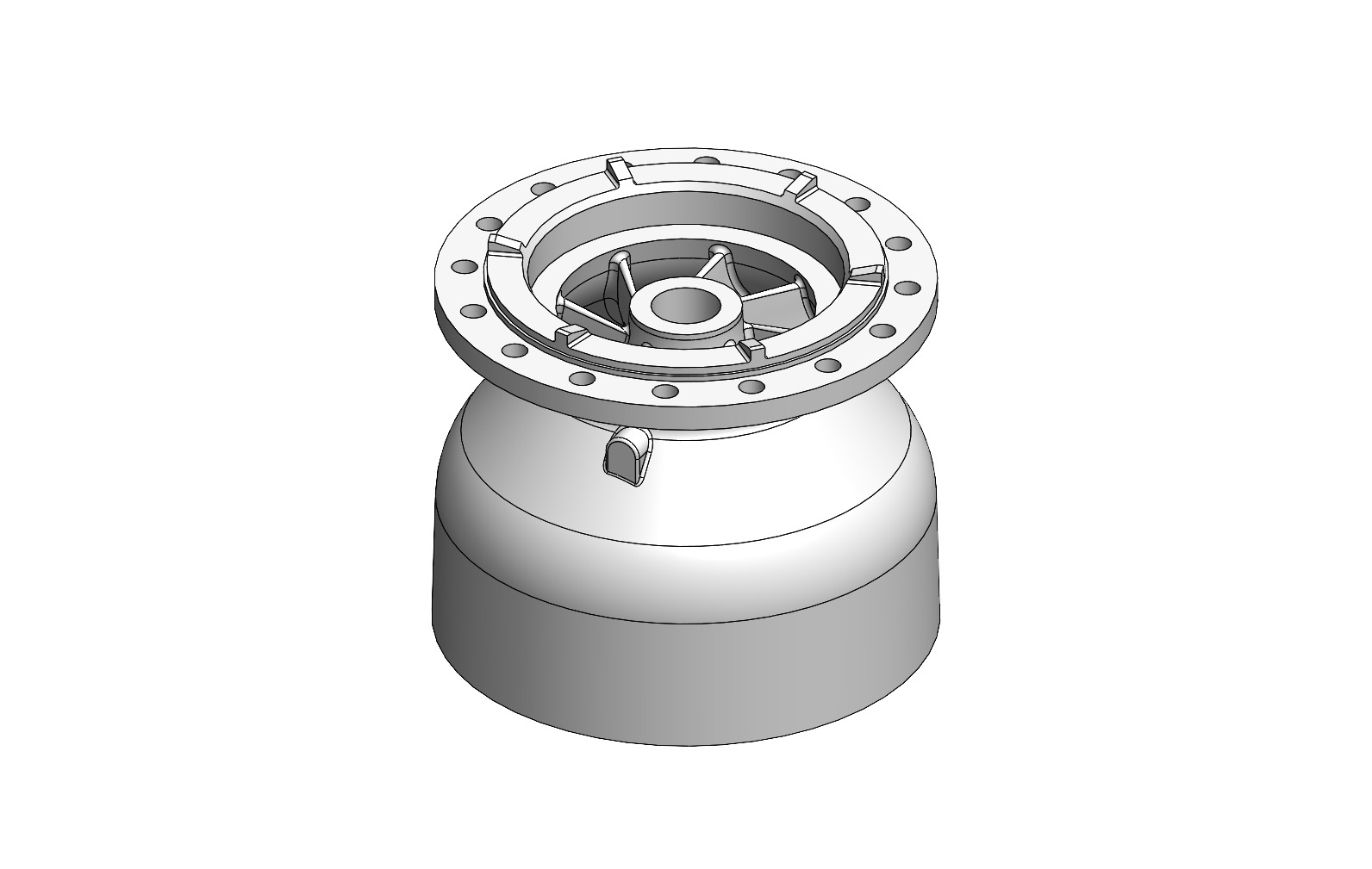 Isometric CAD view of the full steel pump bowl exterior with top flange