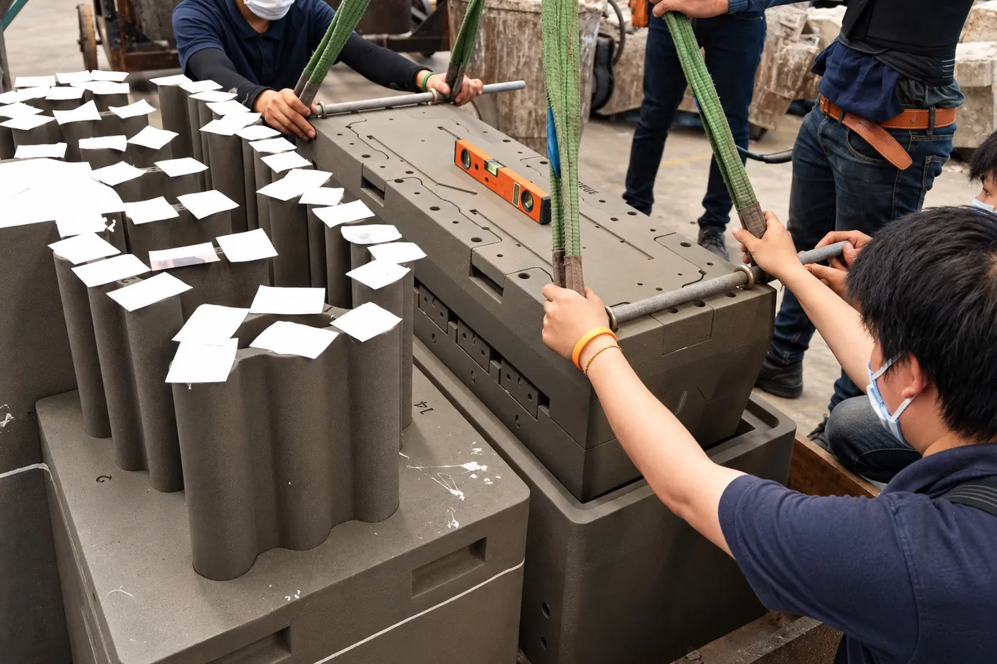 Technicians checking the assembled 3D sand-printed mould for an Engine Block casting