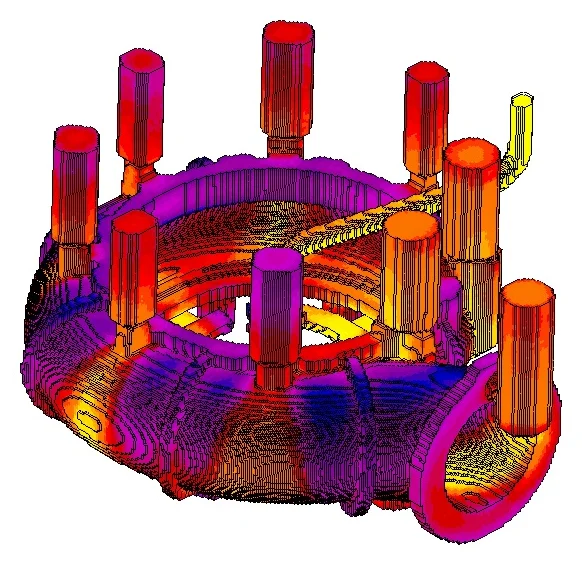 Casting simulation view of the rigged component displayed as a coloured field across the body and feeders