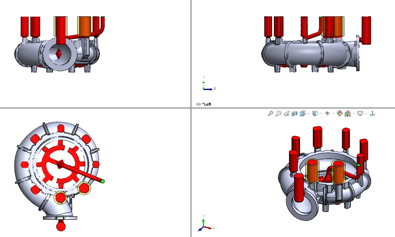 Multi-view CAD layout of the casting with the running and feeding system shown from four directions