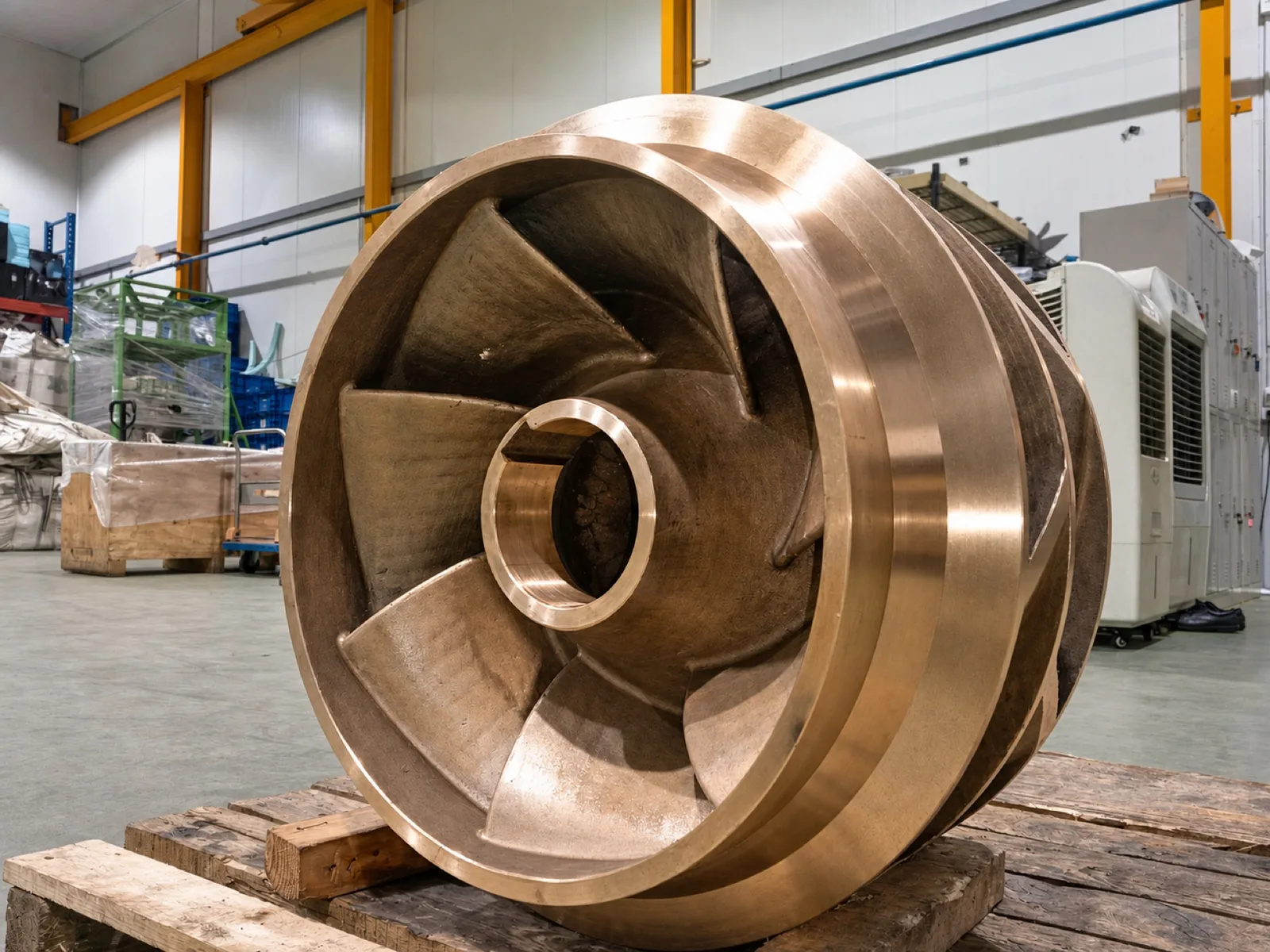 Angled view of a machined double-suction bronze impeller