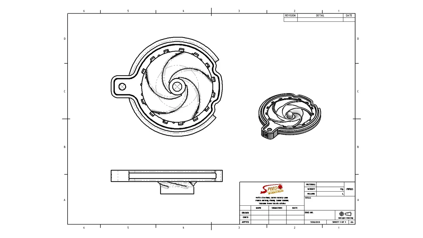 Engineering drawing showing spiral mould geometry and section views