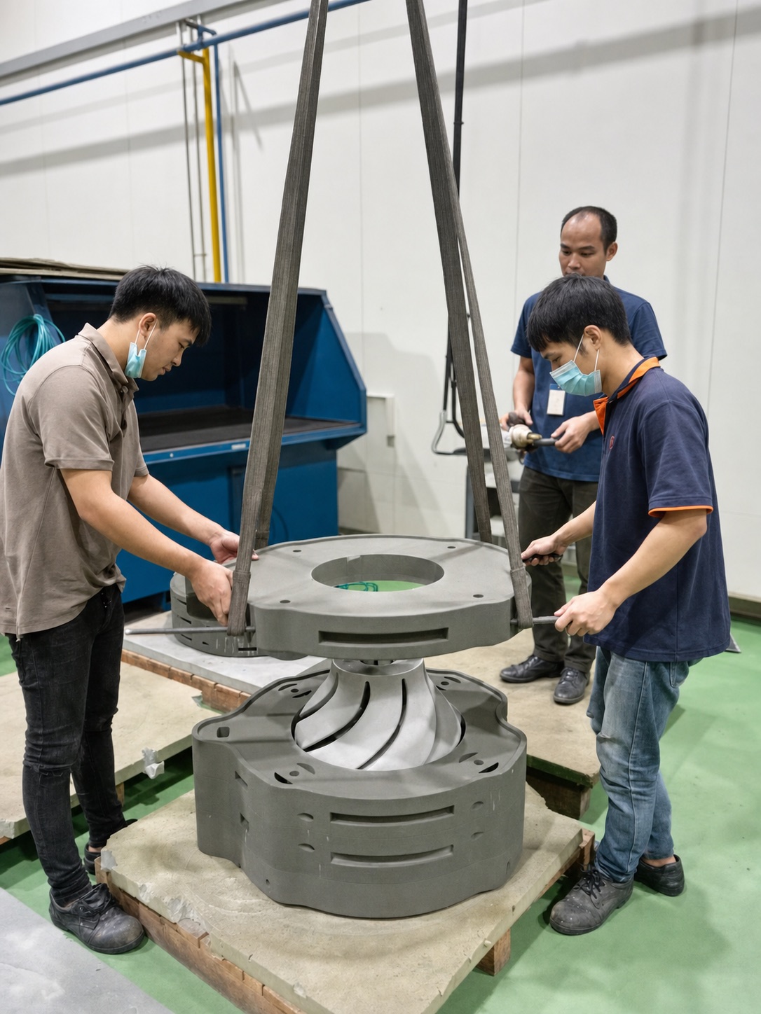 Technicians lifting the 3D-printed sand cope off the drag, revealing internal vane geometry