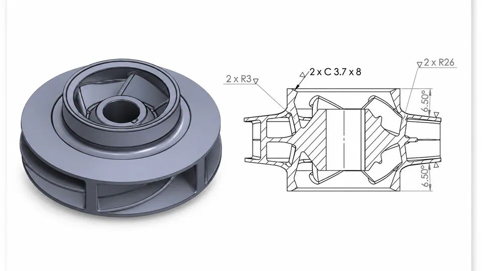 CAD model and dimensioned section drawing of a closed impeller
