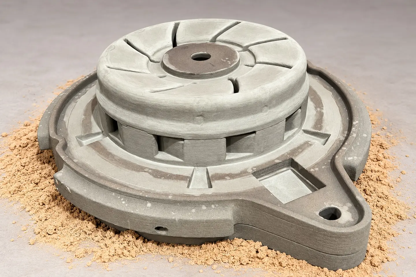 Sand core assembled with a 3D sand printed mould