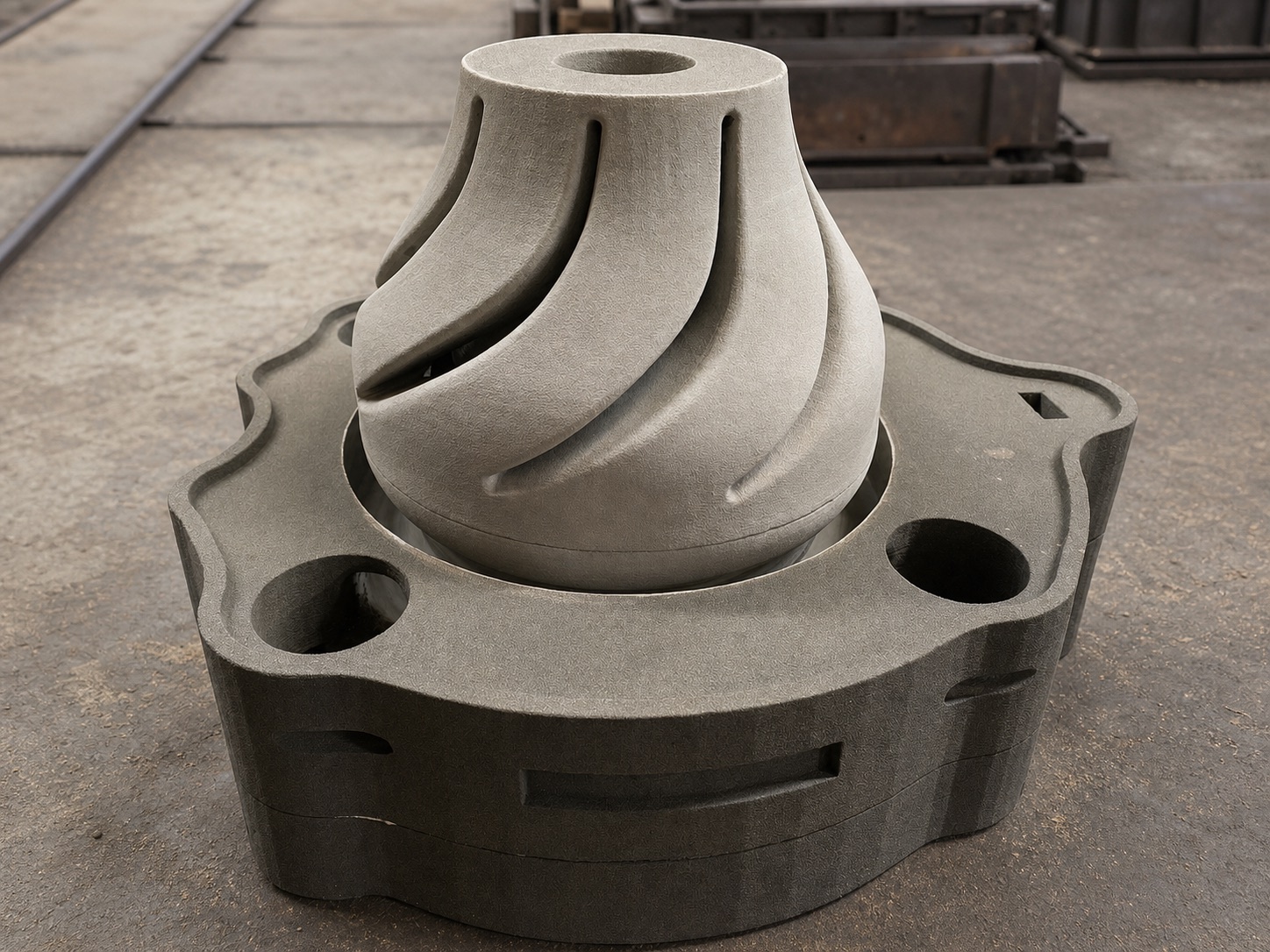 3D-printed sand core seated in a printed sand mold section on the foundry floor