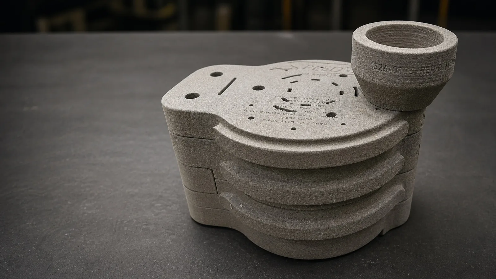 Stacked 3D-printed sand mould package with a printed pouring cup, showing engraved mould identification text