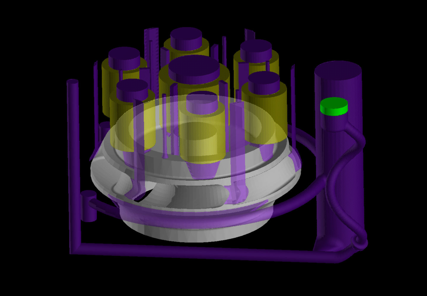 SolidCast simulation view of casting geometry with gating system and risers prepared for review