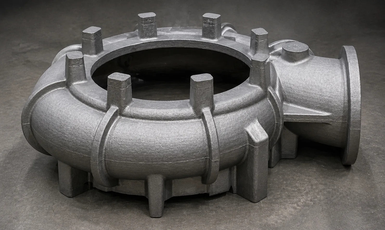Metal prototype casting of a ring-shaped pump component with inlet branch, shown after cleaning