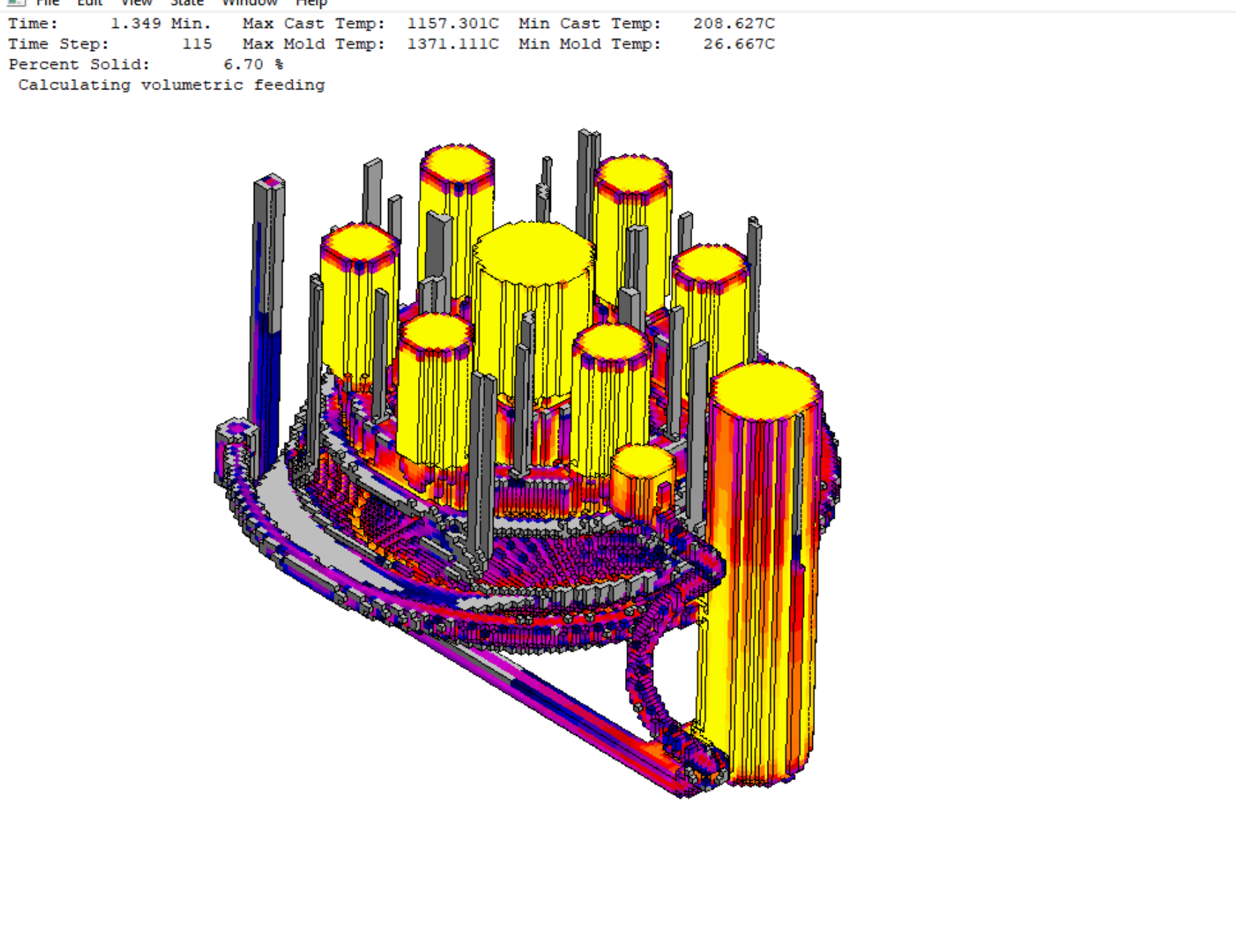 Early solidification result showing initial development of solid regions within the casting system