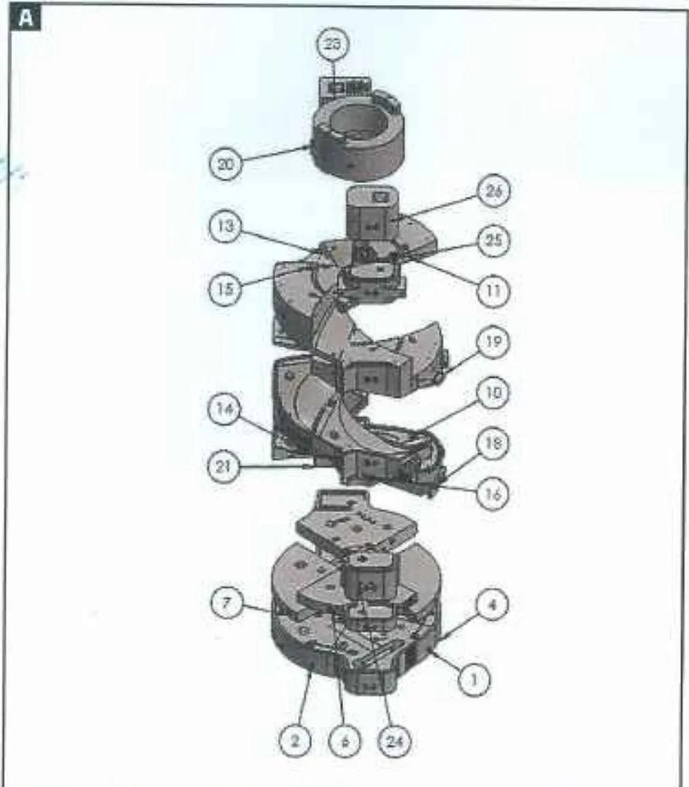 Exploded view of the individual 3D printed parts making up the mould assembly for a 1,200 mm propeller