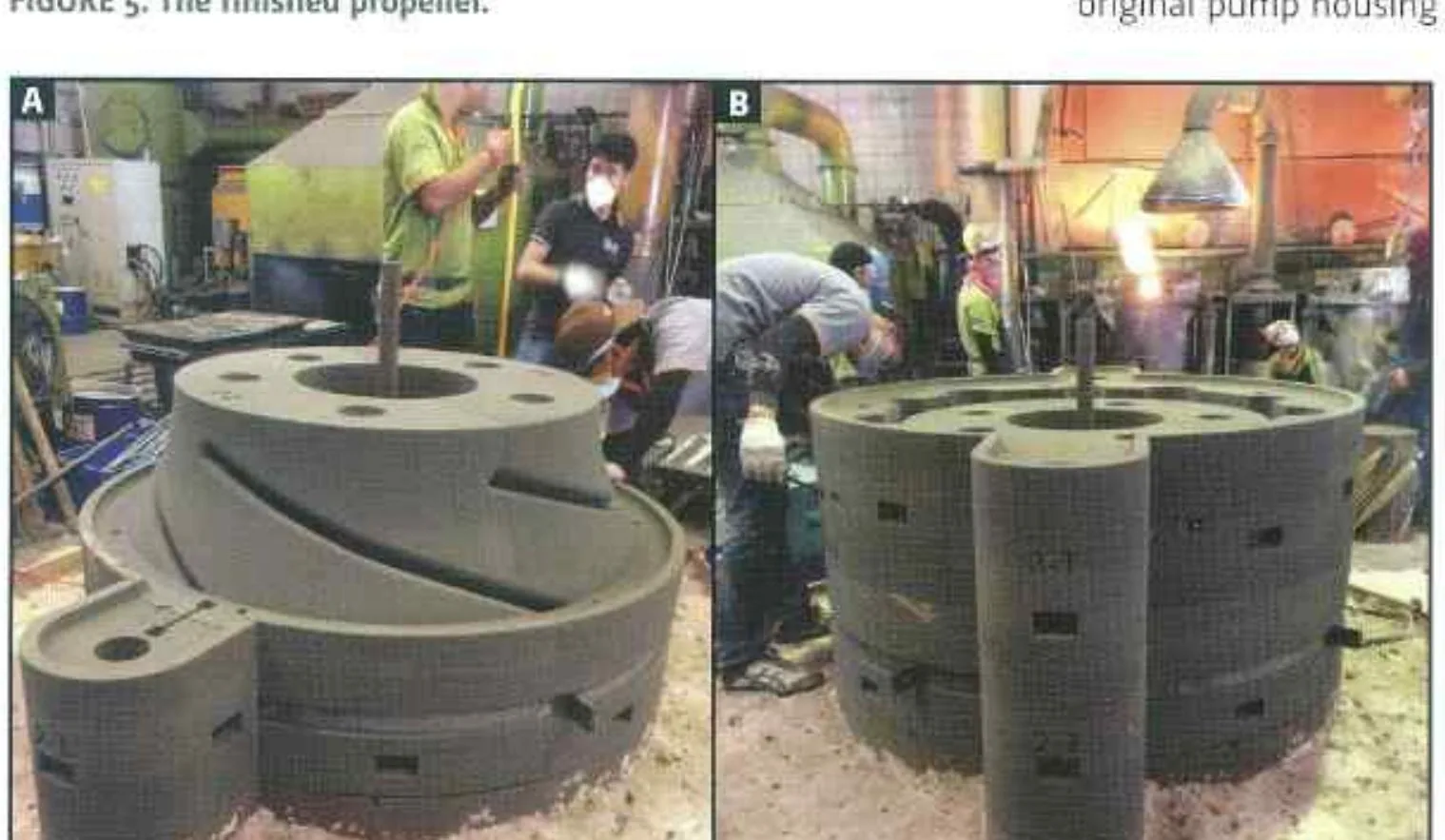 Two views of the printed sand mould for the replacement pump impeller during preparation in the foundry