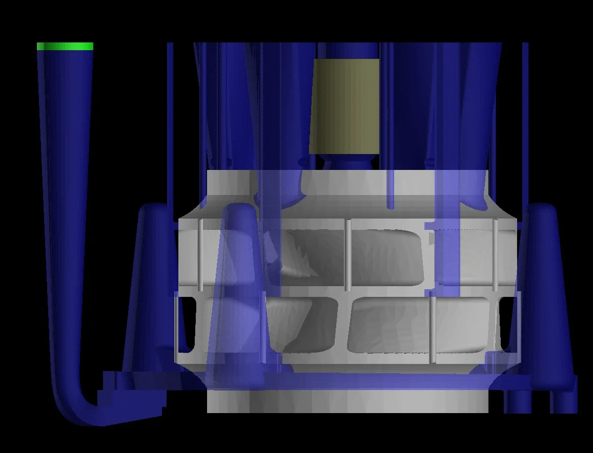 Section view of the FC300 impeller inside the rigged mold assembly with runners and risers