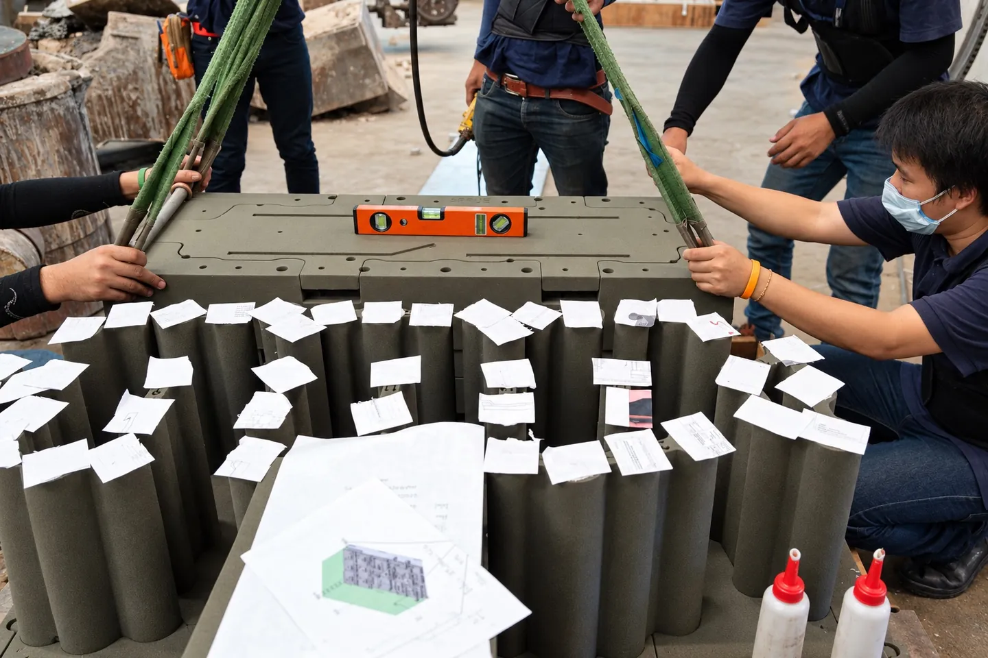 Technicians checking the alignment of the mould assembly before casting