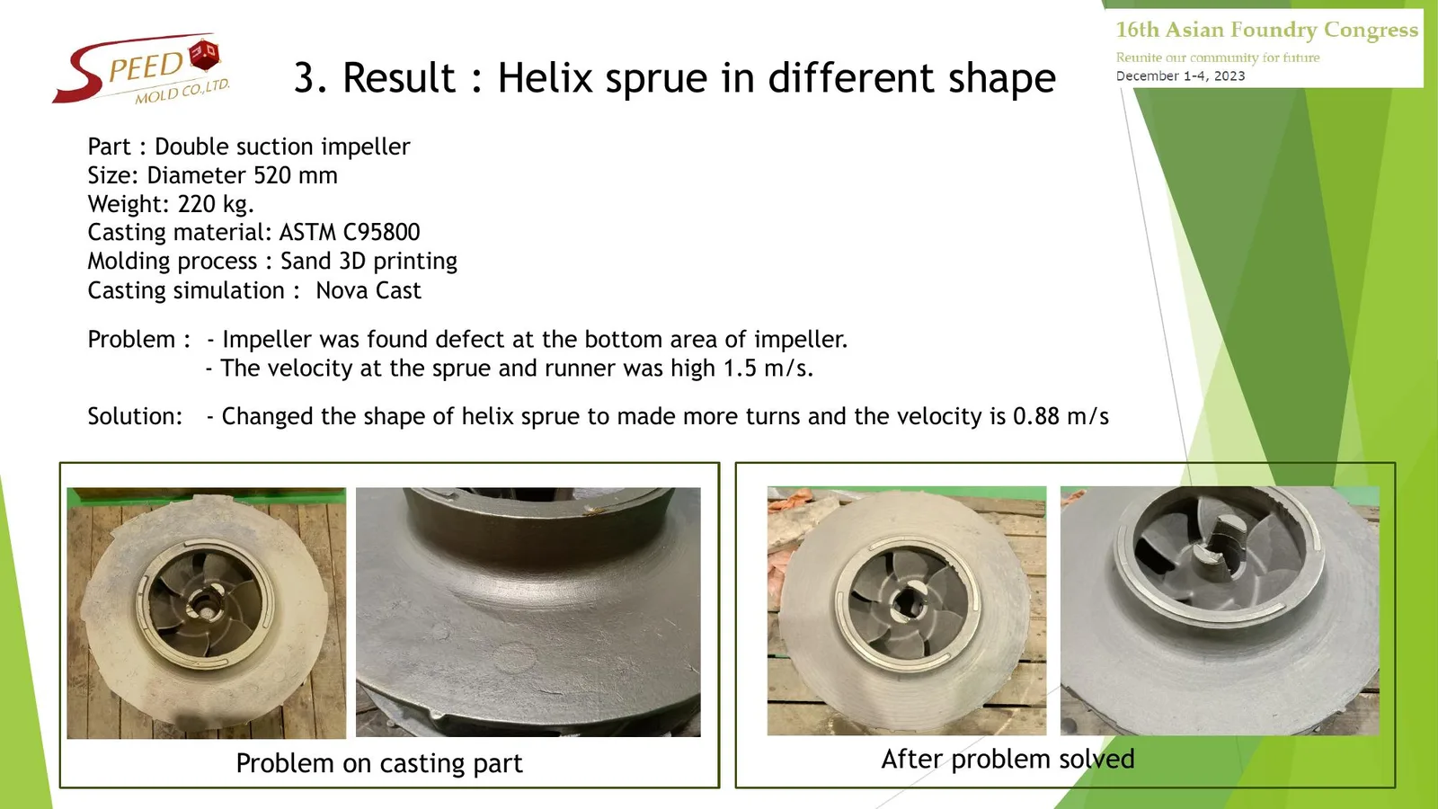 Presentation slide on helix sprue shape development for a 520 mm double suction impeller in ASTM C95800, showing the defective casting and the casting after the sprue shape was changed.