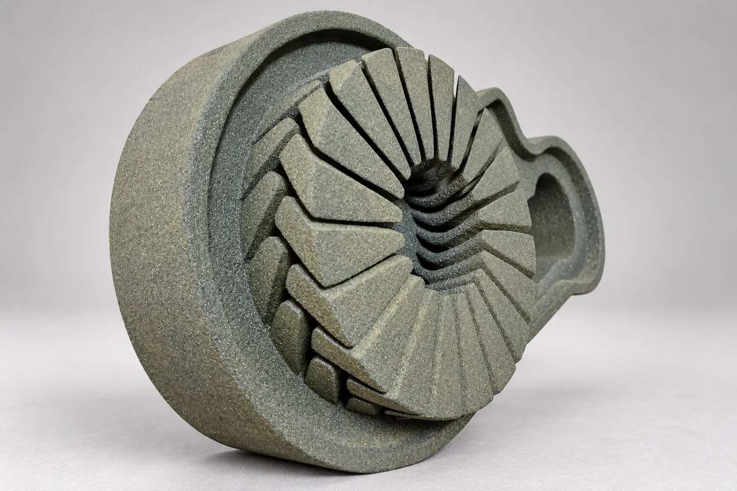 Radial sand core assembly with curved passages around a central opening
