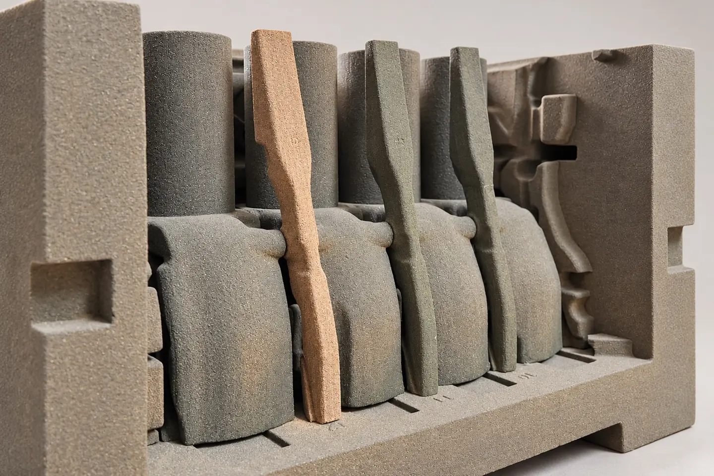 Multiple sand core elements arranged in a 3D printed mould package