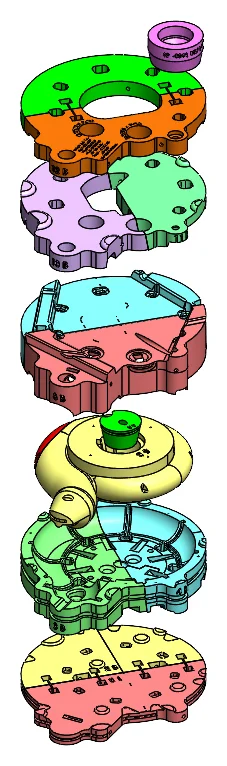 Exploded view of the sand mold and core package showing stacked mold segments and cores in separate colours