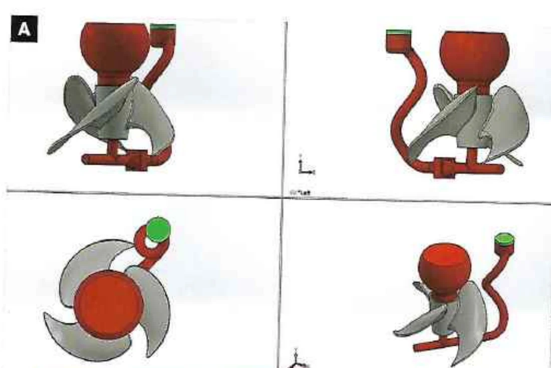 Digital models comparing helical sprue and gating-system configurations.