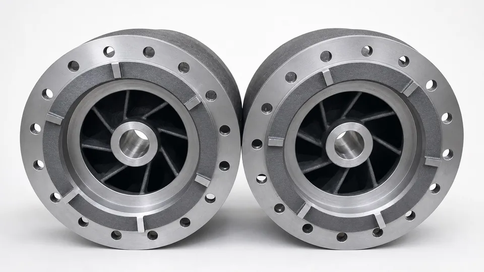 Pair of machined stainless steel pump bowls seen from the flange side