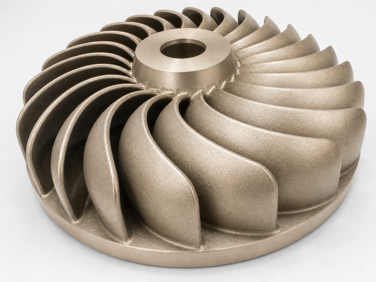 Angled view showing open impeller hub and blade curvature