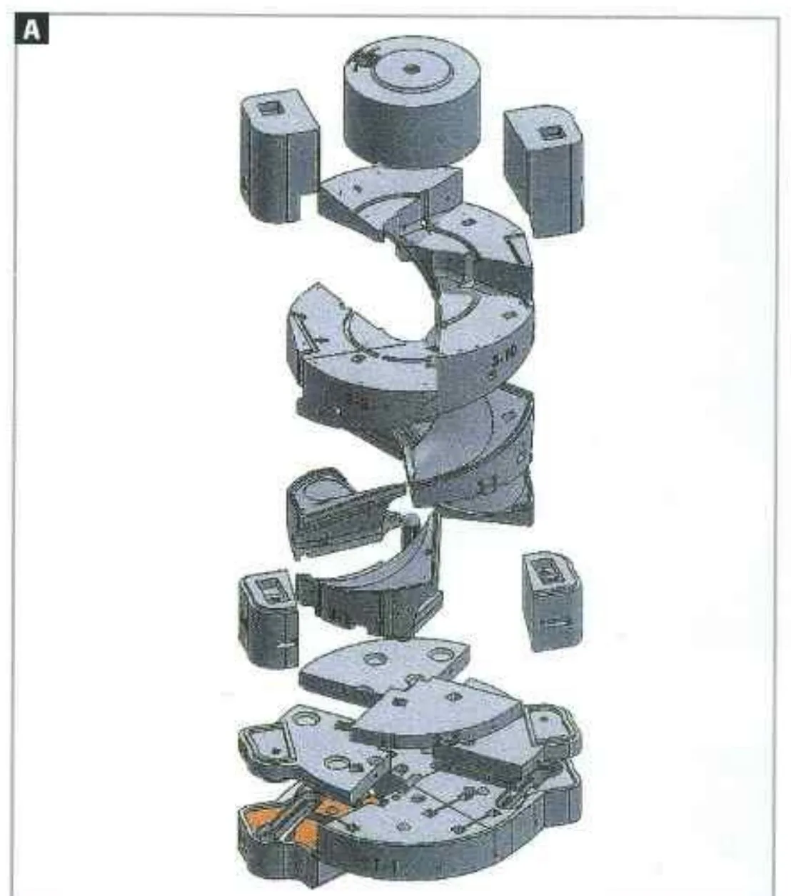 Exploded CAD view of the individual printed sand mould parts used for a ship propeller mould