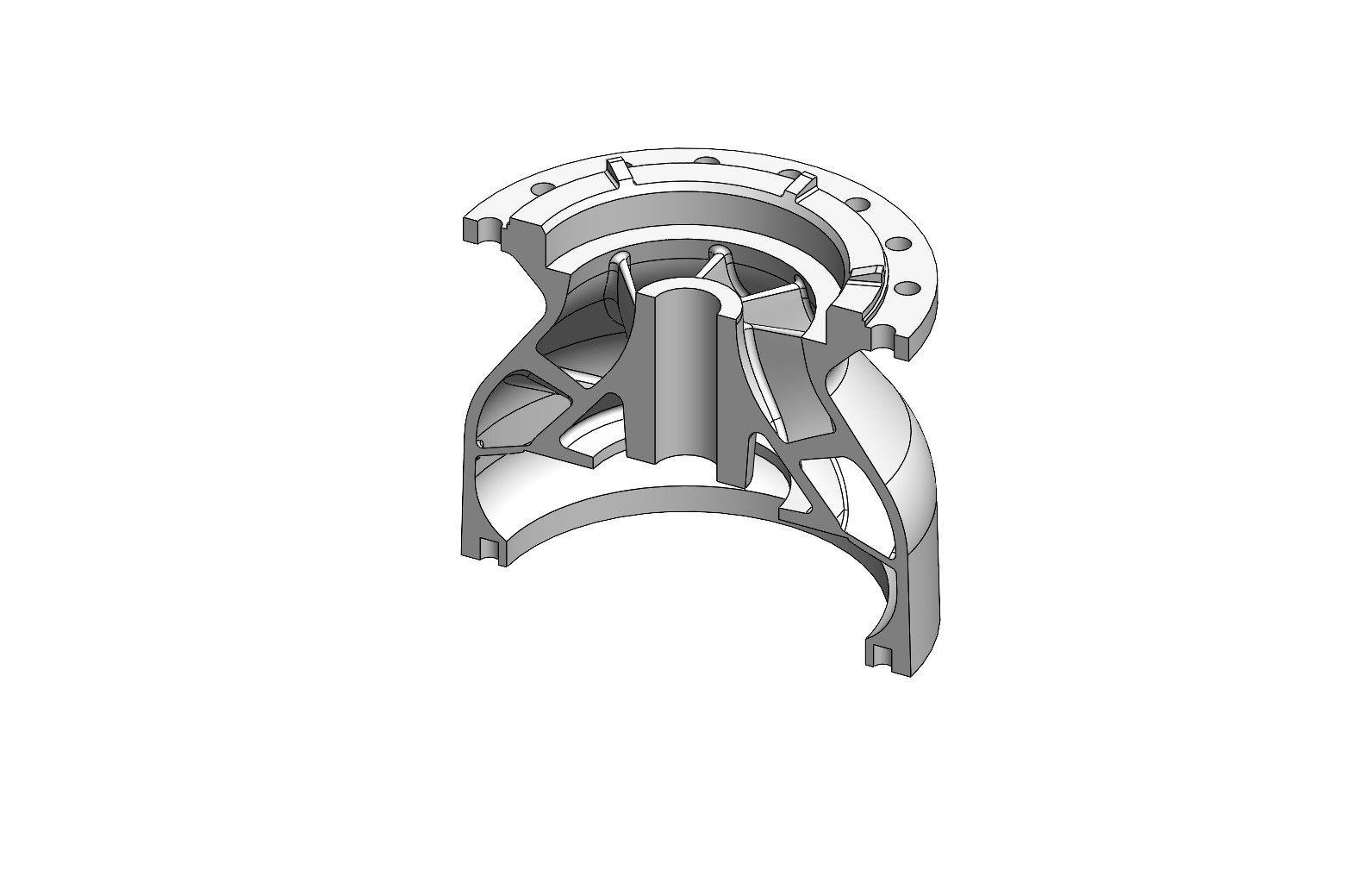 Cutaway CAD view of the steel pump bowl showing internal diffuser vanes and hub