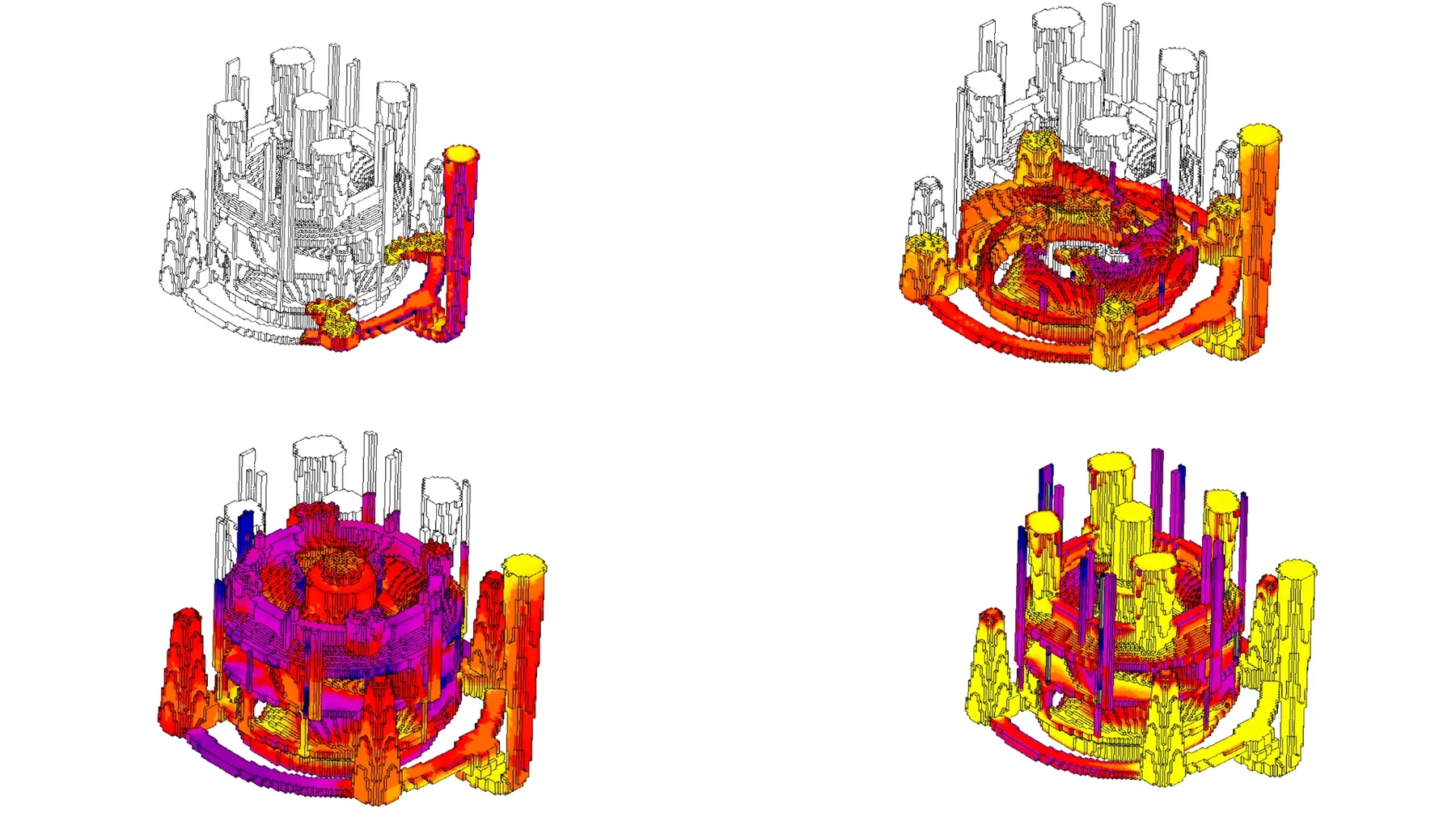 FC300 impeller casting simulation — early filling-sequence view of the rigged assembly