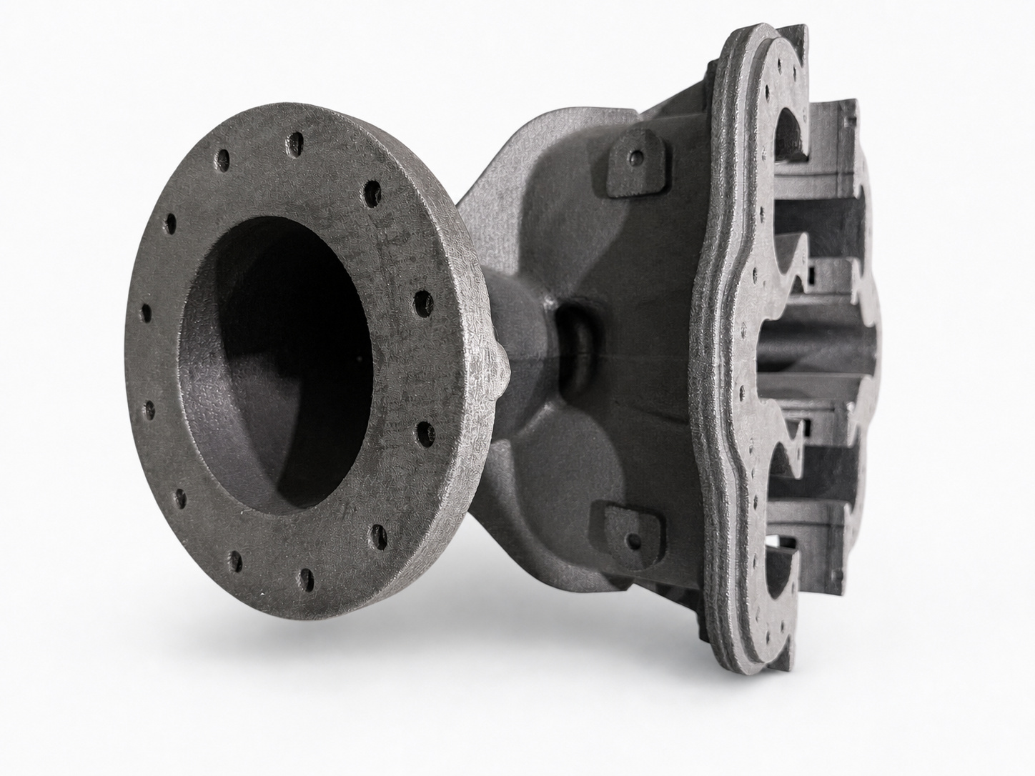 External view of a custom cast iron pump casing with flanged connections