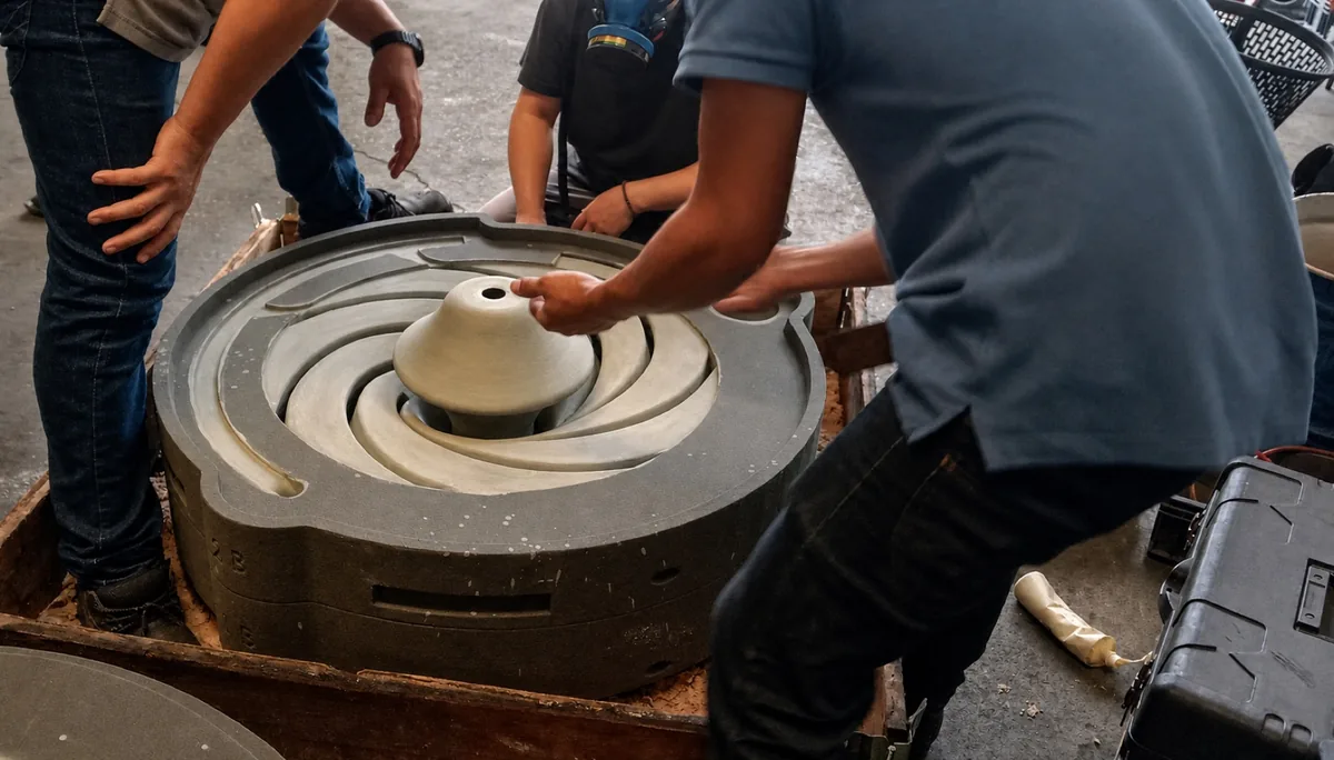 Foundry team preparing a printed sand mould and core for a complex impeller geometry