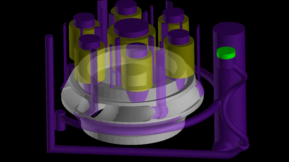 Casting simulation view of a rigged part showing feeders and gating