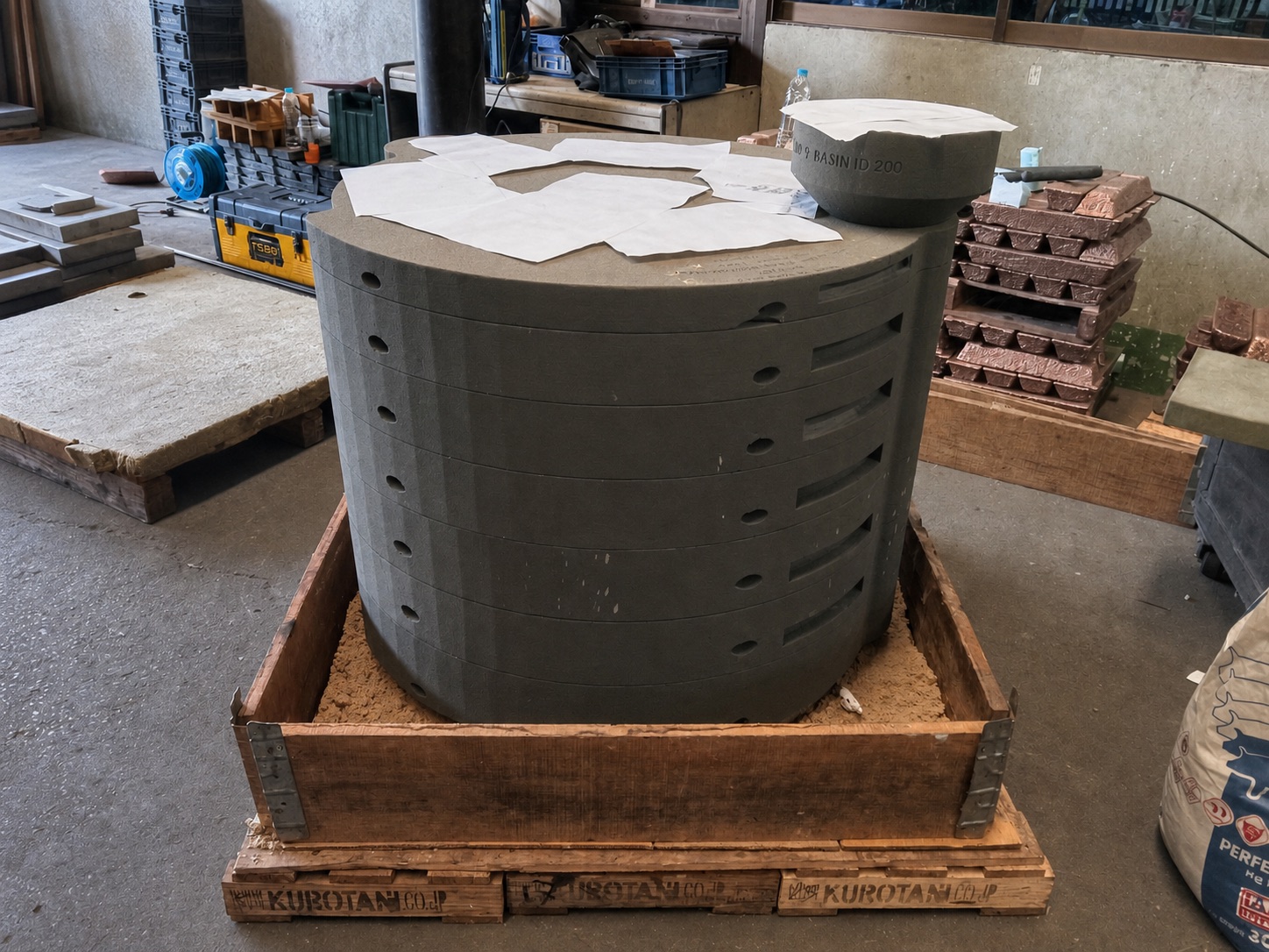 Assembled 3D-printed sand mold package ready for pouring