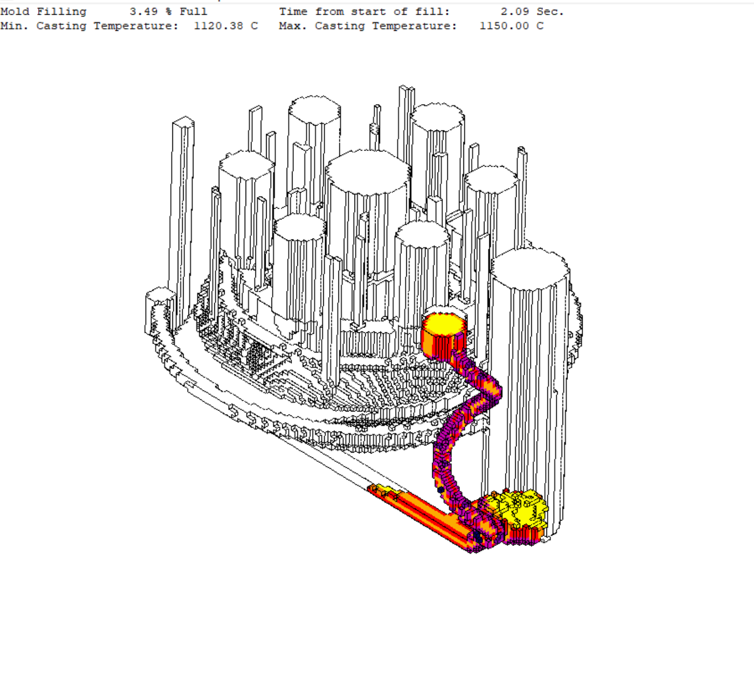 SolidCast mold filling analysis showing molten metal entering and progressing through the casting system