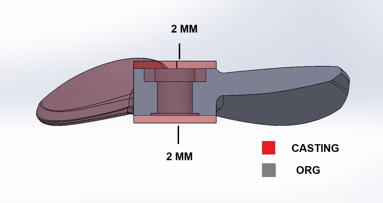Aligned reference model and scanned cast component geometry showing a measured dimensional difference