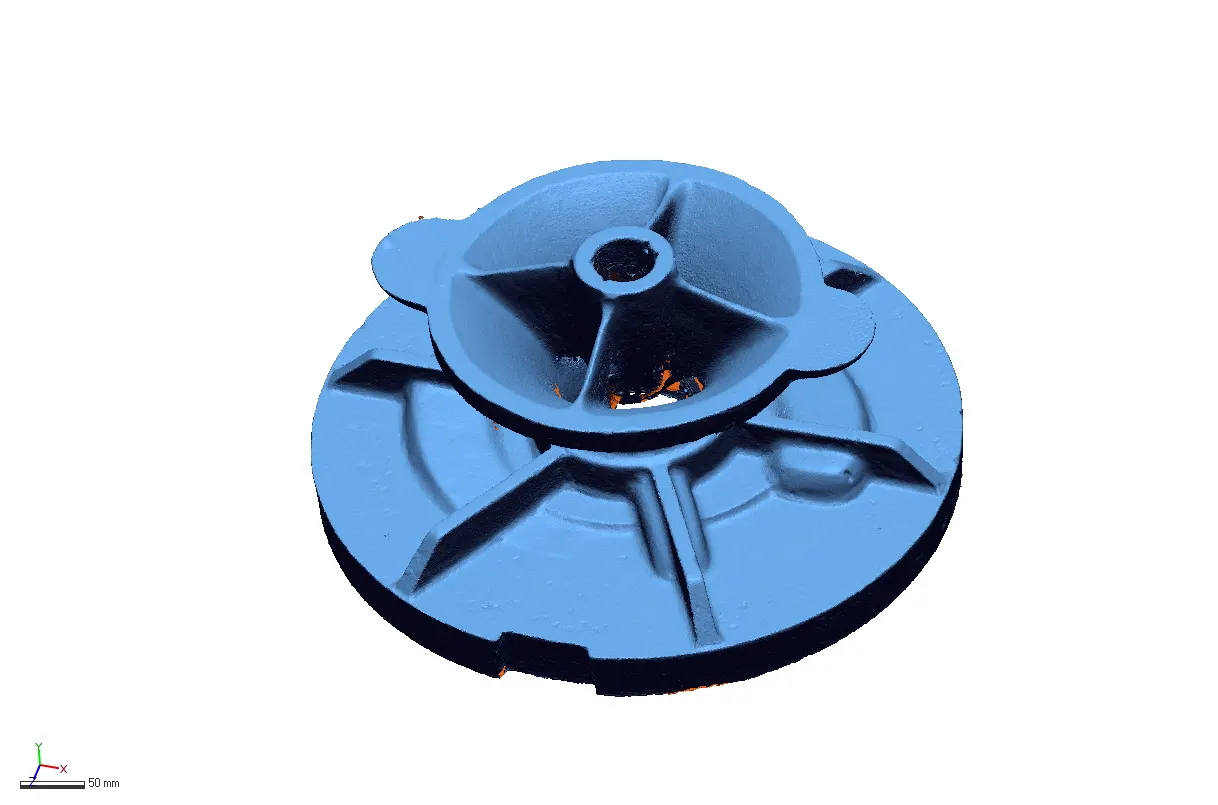 Scanned mesh of a vaned impeller seated on a circular cover plate with a scale bar